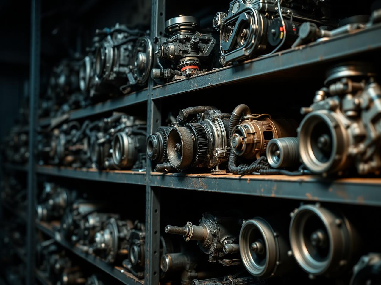 Recycled OEM auto parts on warehouse shelving