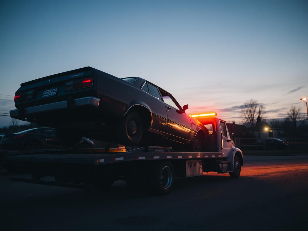Junk vehicle being loaded onto a flatbed tow truck